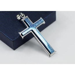 Titanový Přívěsek A Náhrdelník S Modrým A v kovově šedé barvě Křížem Z Bible