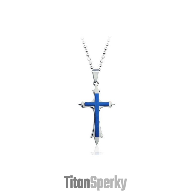 Stylový Pánský Modrý Titanový Přívěsek Kříž - Řetízek Zdarma
