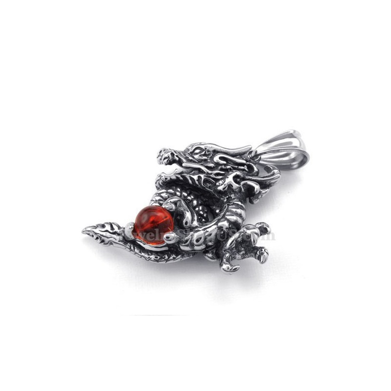 Nádherný Titanový Náhrdelník S Červeným Zirkonem A Drakem (Řetízek Zdarma)