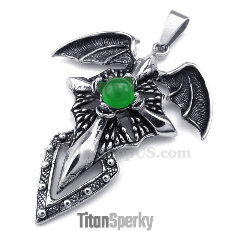 Titanový Náhrdelník S Přívěskem A Pterosaurem Ze Zelených Korálků (Řetízek Zdarma)