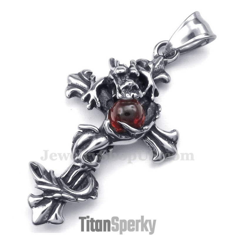 Titanový Přívěsek S Křížem A Červenými Korálky Z Draka (Řetízek Zdarma)