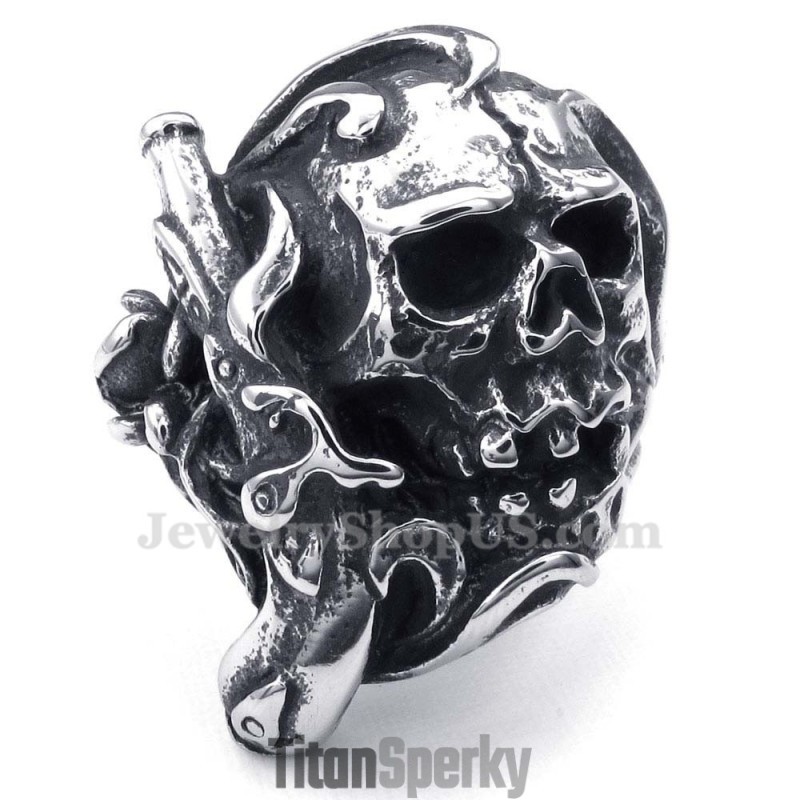 Titanový Prsten S Lebkou A Pistolí