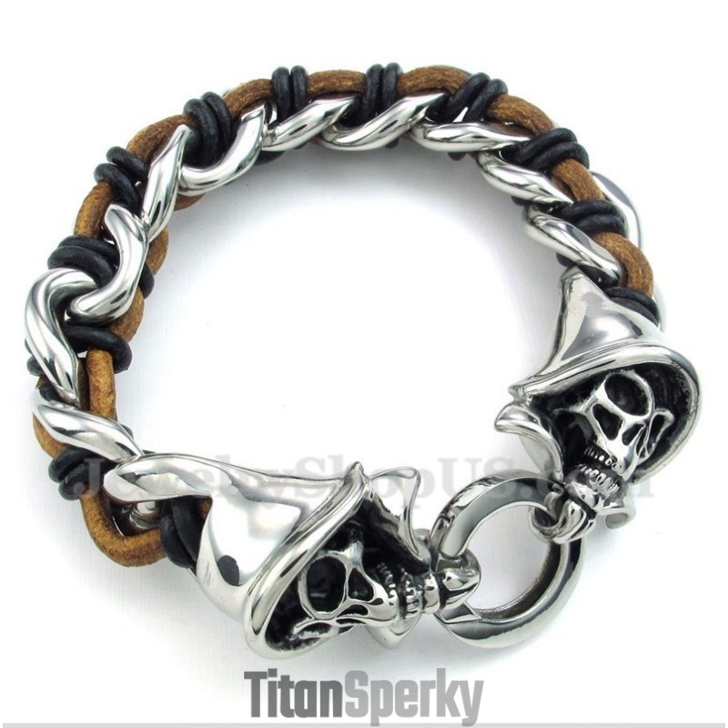 Pánský Titanový Kožený Náramek S Motivem Smrtky