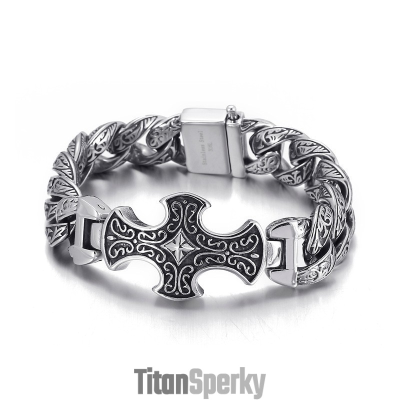 Pánský Titanový Náramek S Vintage Vzorem A Křížem
