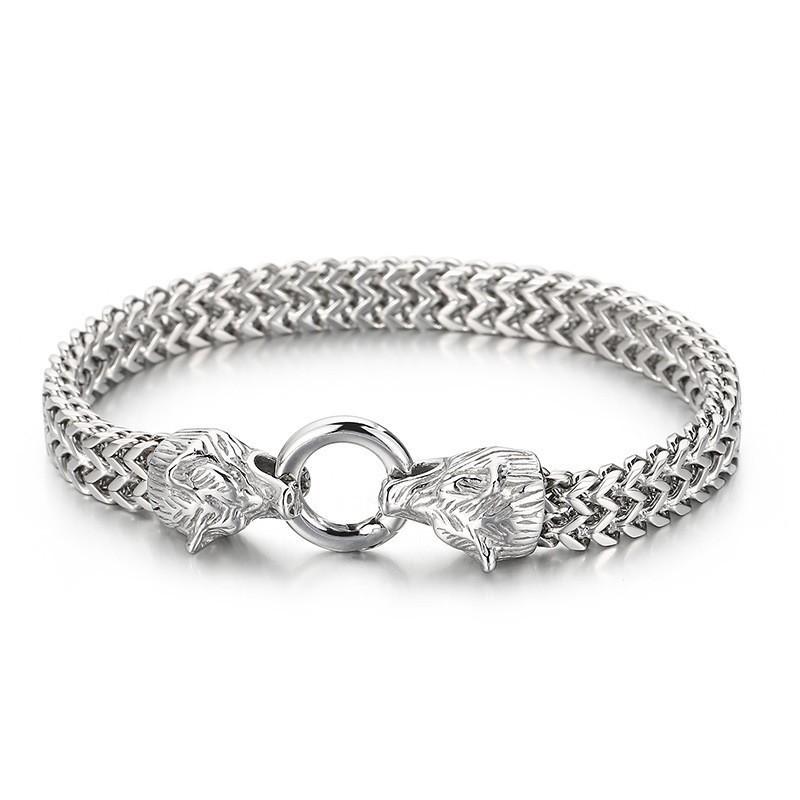 Pánský Náramek Z Titanu S Dvojitou Vlčí Hlavou A Módním Rockovým Hip-Hopovým Stylem