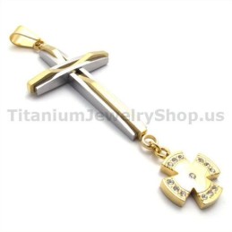 Zlatý Titanový Přívěsek S Křížem A Diamanty - Řetízek Zdarma