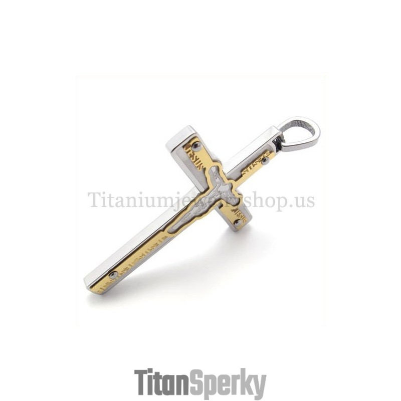 Zlatý Titanový Přívěsek S Vyřezávaným Křížem Ježíše