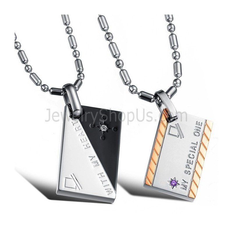 Titanové Růžovo-Zlaté Přívěsky S Písmeny A Řetízky Zdarma, Obdélníkové, S Kamínky A Řetízky Zdarma, C726