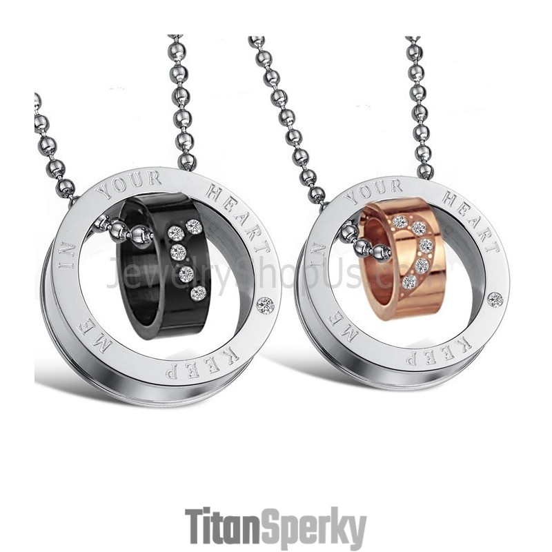 Titanové Prsteny Z Růžového Zlata A Černé Barvy S Přívěsky Pro Milovníky "Keep Me In Your Heart" S Kamínky A Řetízky Zdarma C673