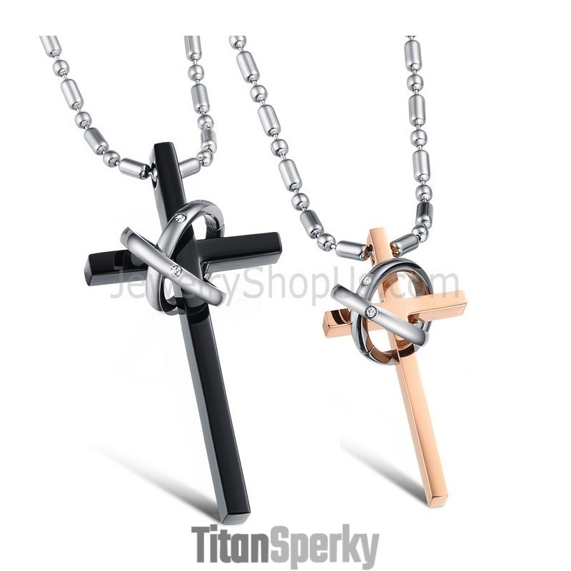 Titanové Růžovo-Zlaté A Černé Přívěsky S Křížkem Pro Milovníky S Kamínky A Řetízky Zdarma C724