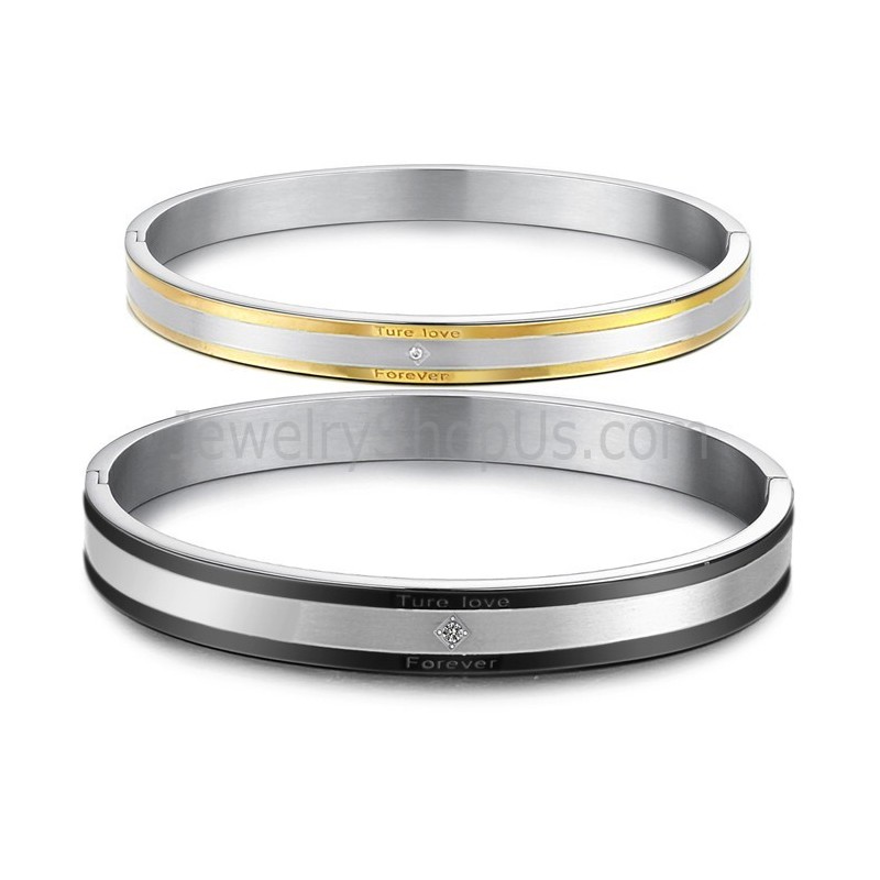 Tatanium Černo-ve žluté barvě Náramky Pro Páry "True Love Forever" S Kamínky C875