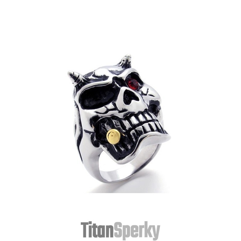 Titanový Prsten S Lebkou A Červeným Diamantem
