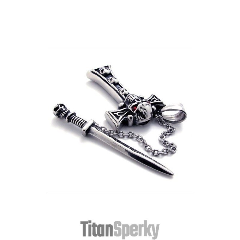 Titanový Přívěsek S Křížem A Lebkou A Červenou Diamantovou Dýkou Titanový Přívěsek S Křížem A Lebkou A Červenou Diamantovou Dýkou