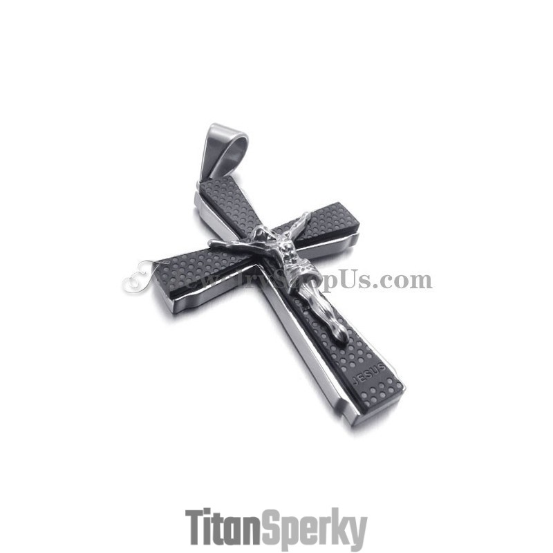 Elegantní Titanový Černý Přívěsek S Křížem Jusus Elegantní Titanový Černý Přívěsek S Křížem Jusus