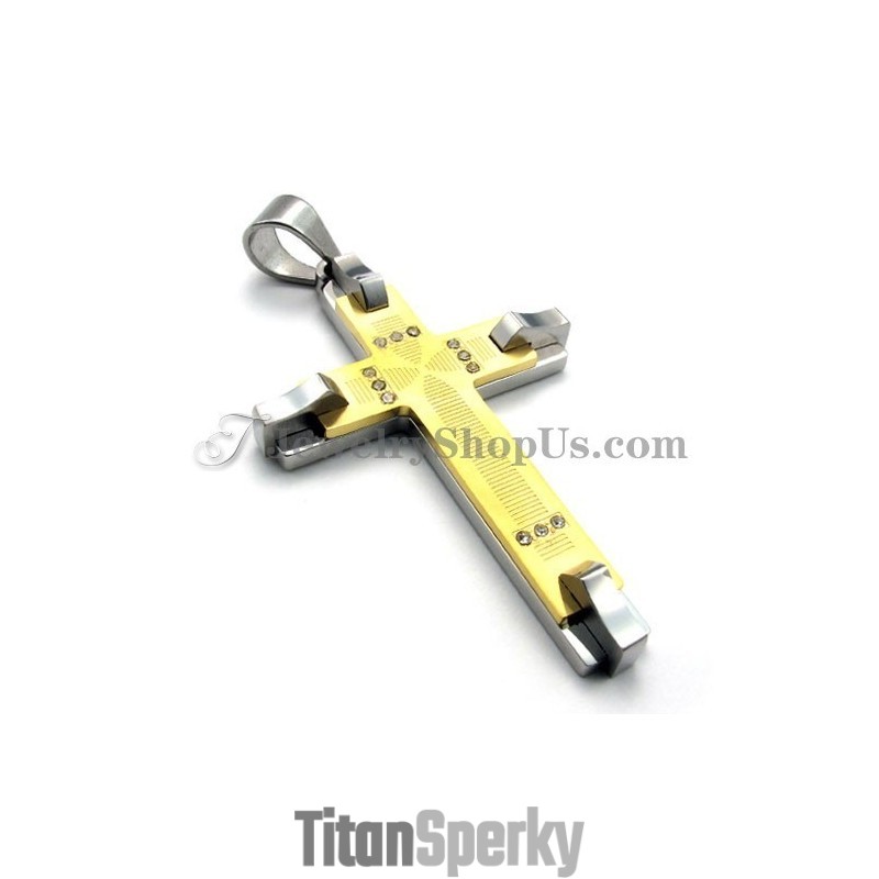 Nádherný Zlatý Titanový Přívěsek S Křížkem A Kamínky