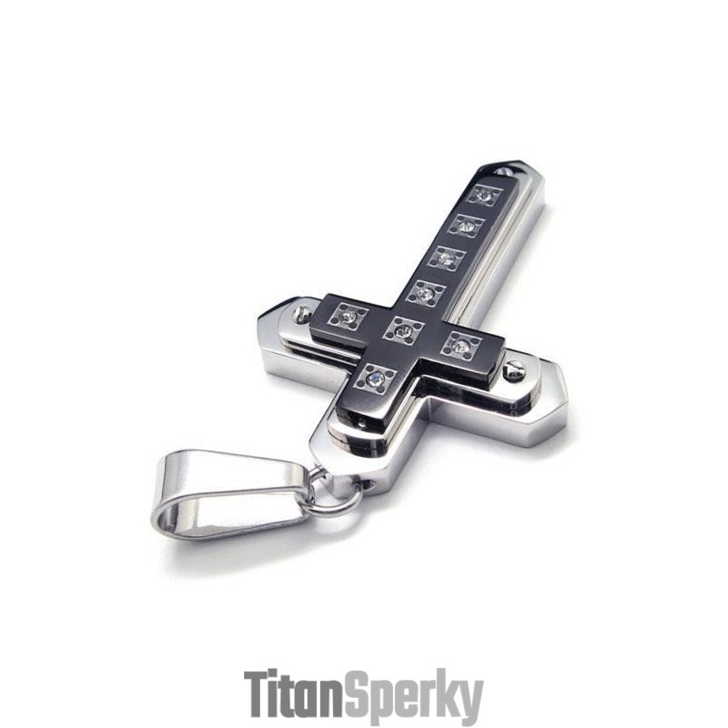 Pánský Černý Náhrdelník S Křížem A Přívěskem Z Čistého Titanu