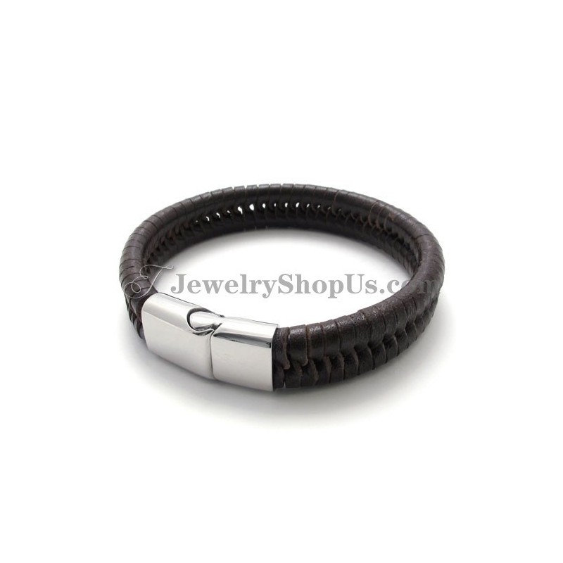 Elegantní Hnědý Titanový Náramek S Koženým Pouzdrem