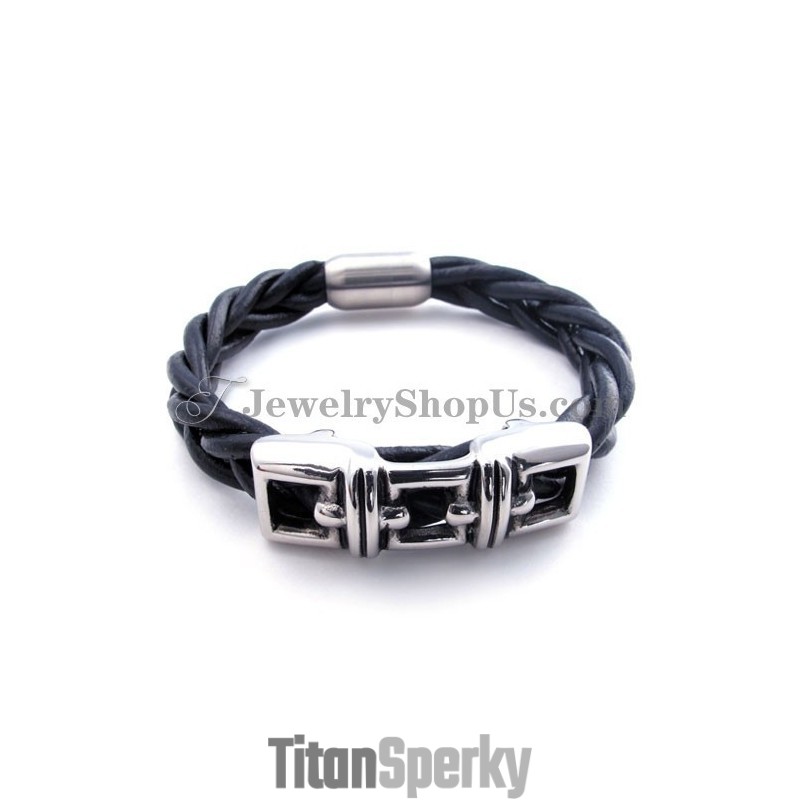 Elegantní Černý Titanový Kožený Náramek